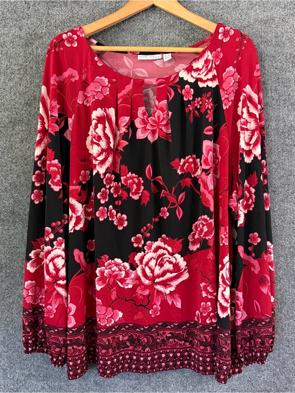 Susan Graver Womens 3X Liquid Knit Tunic Blouse Red Black Pink Floral Keyhole